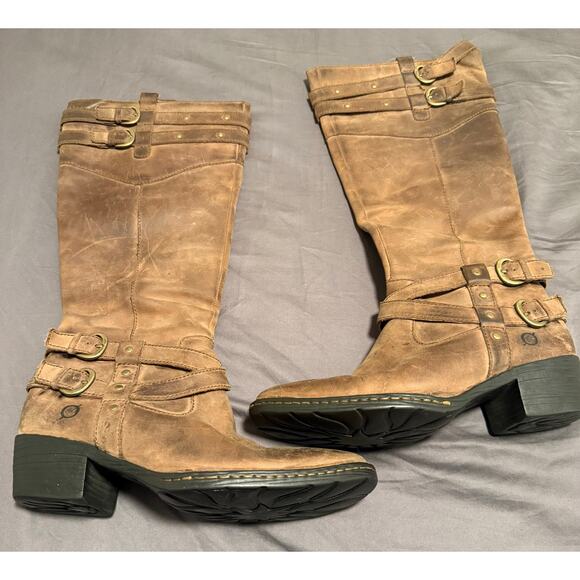 BORN Tall Brown Leather Boots Western Riding Biker Women's Sz 8.5 - Picture 5 of 12